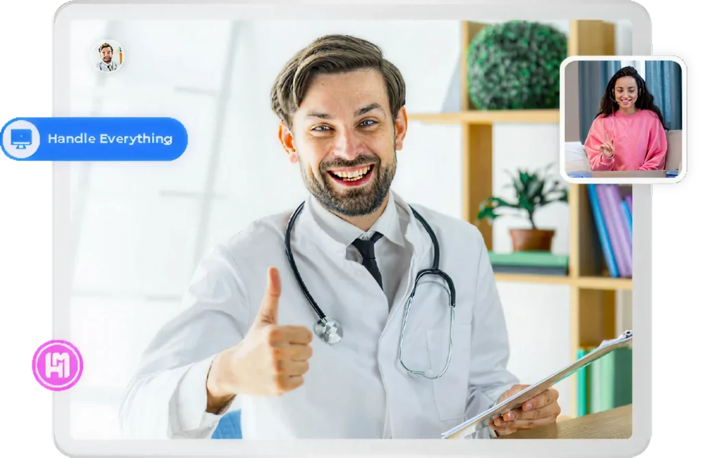 A HerMister telehealth interface showing a smiling male doctor in a white coat and stethoscope giving a thumbs up while holding a tablet, with a female patient in a pink sweatshirt visible in a smaller video window, and a 