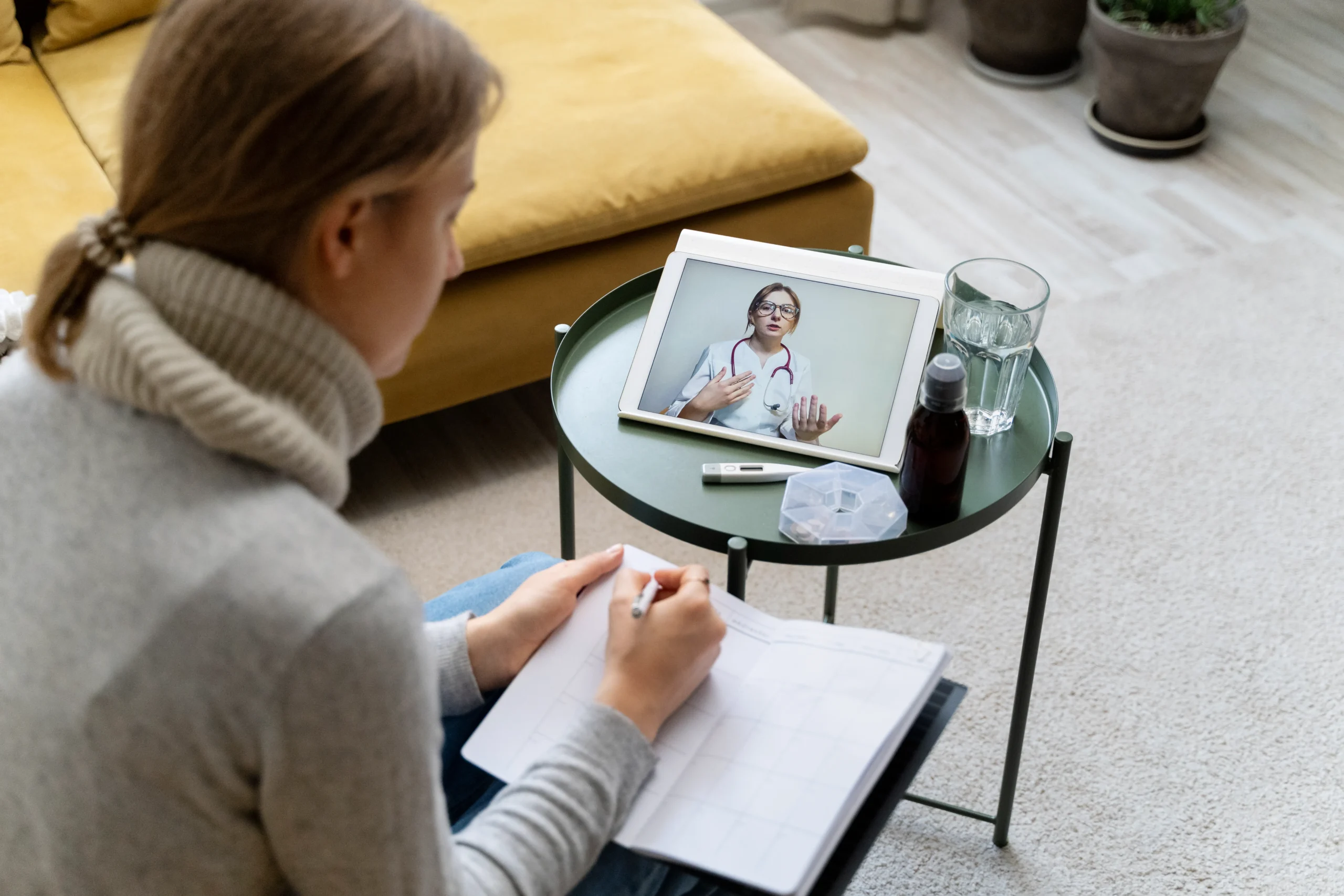 A split-screen view showing a doctor on a laptop consulting with a patient at home for online sexual health care.