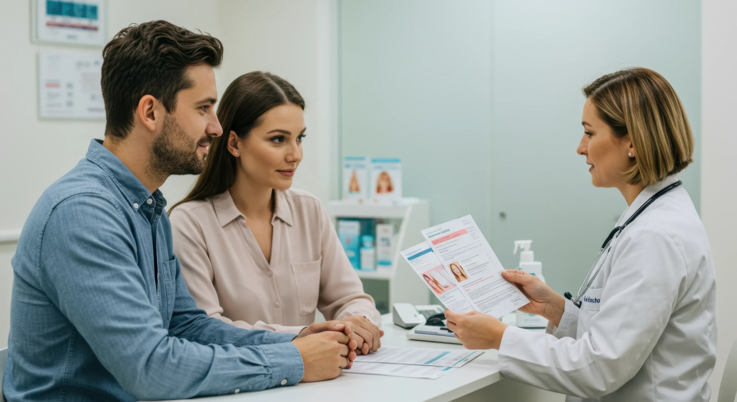 A close-up of a doctor or clinician holding a small medical vial or bottle next to a patient, discussing an online STD testing plan.