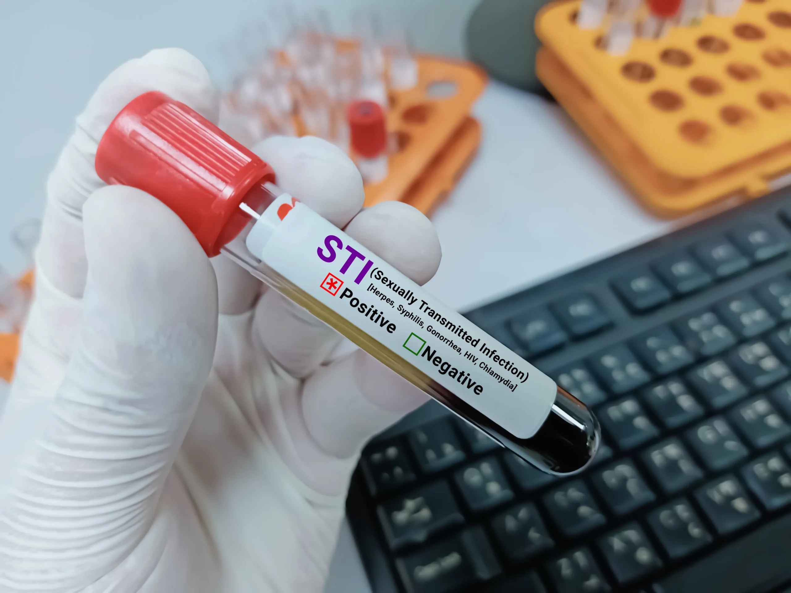A healthcare provider's hands holding a glass medicine bottle and pointing to a form on a clipboard to explain an STI test kit routine.