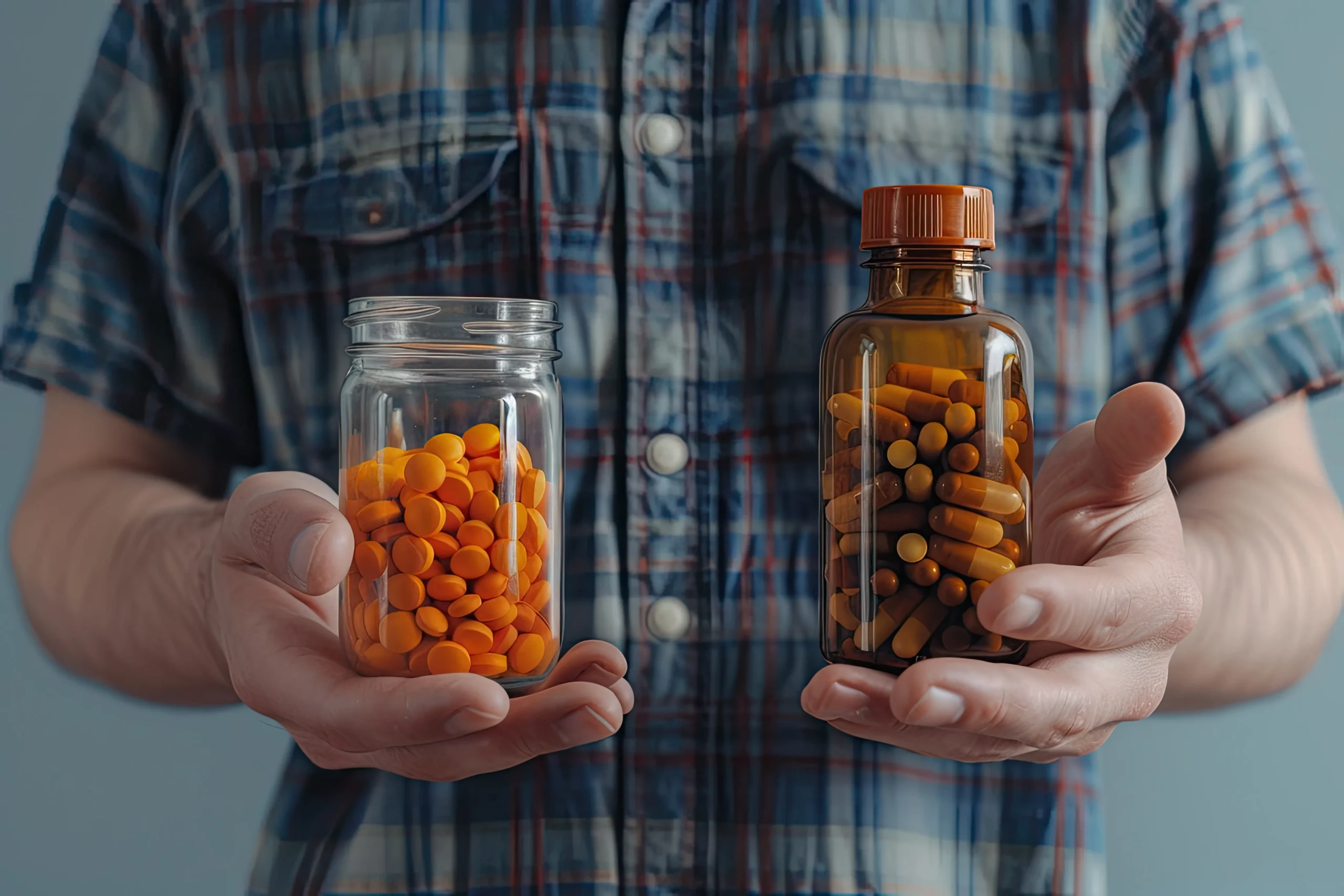 Man holding two different pill bottles, comparing choices for HIV Prevention Medication.