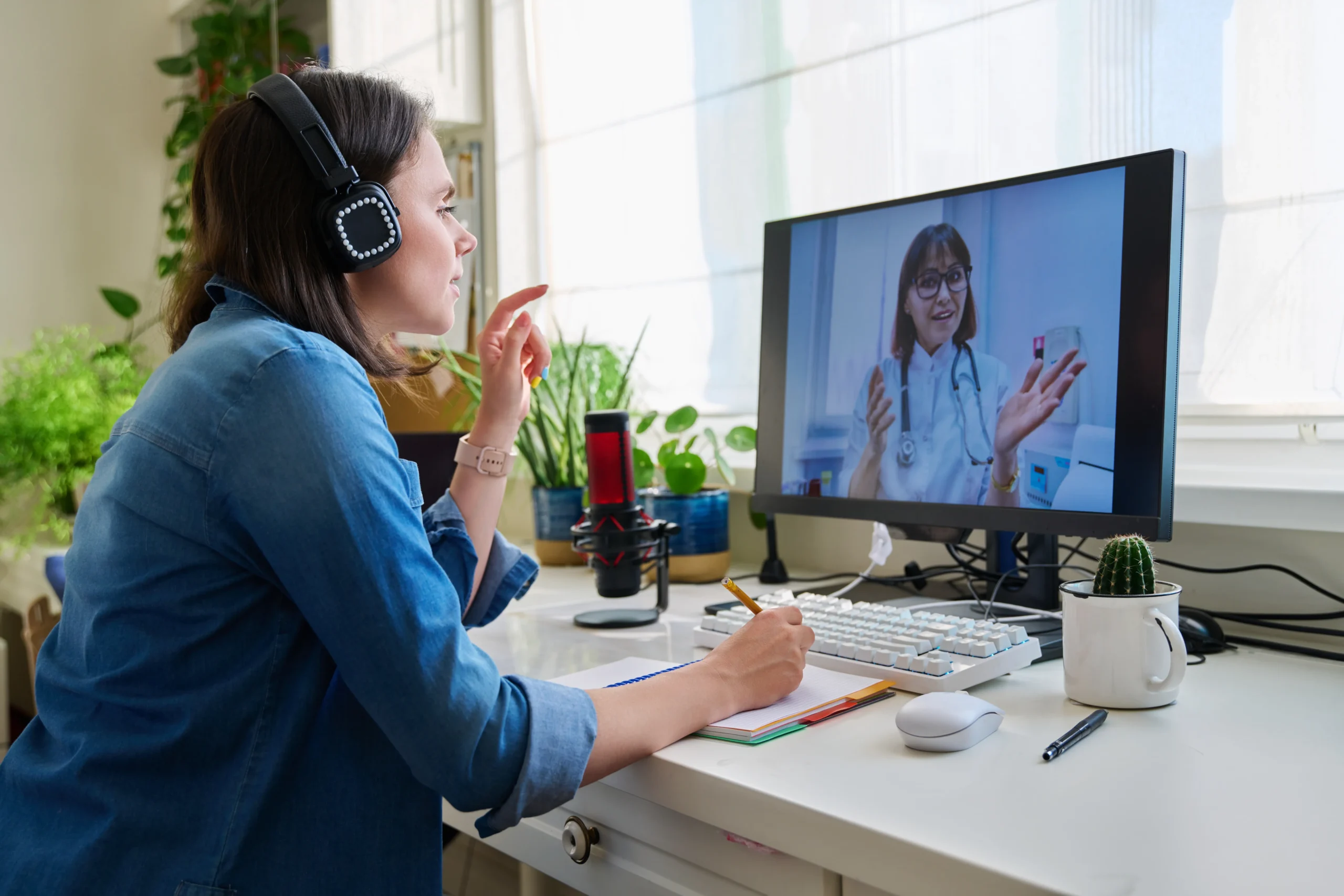 Patient wearing headphones taking notes during a video call for Private PrEP consultations.