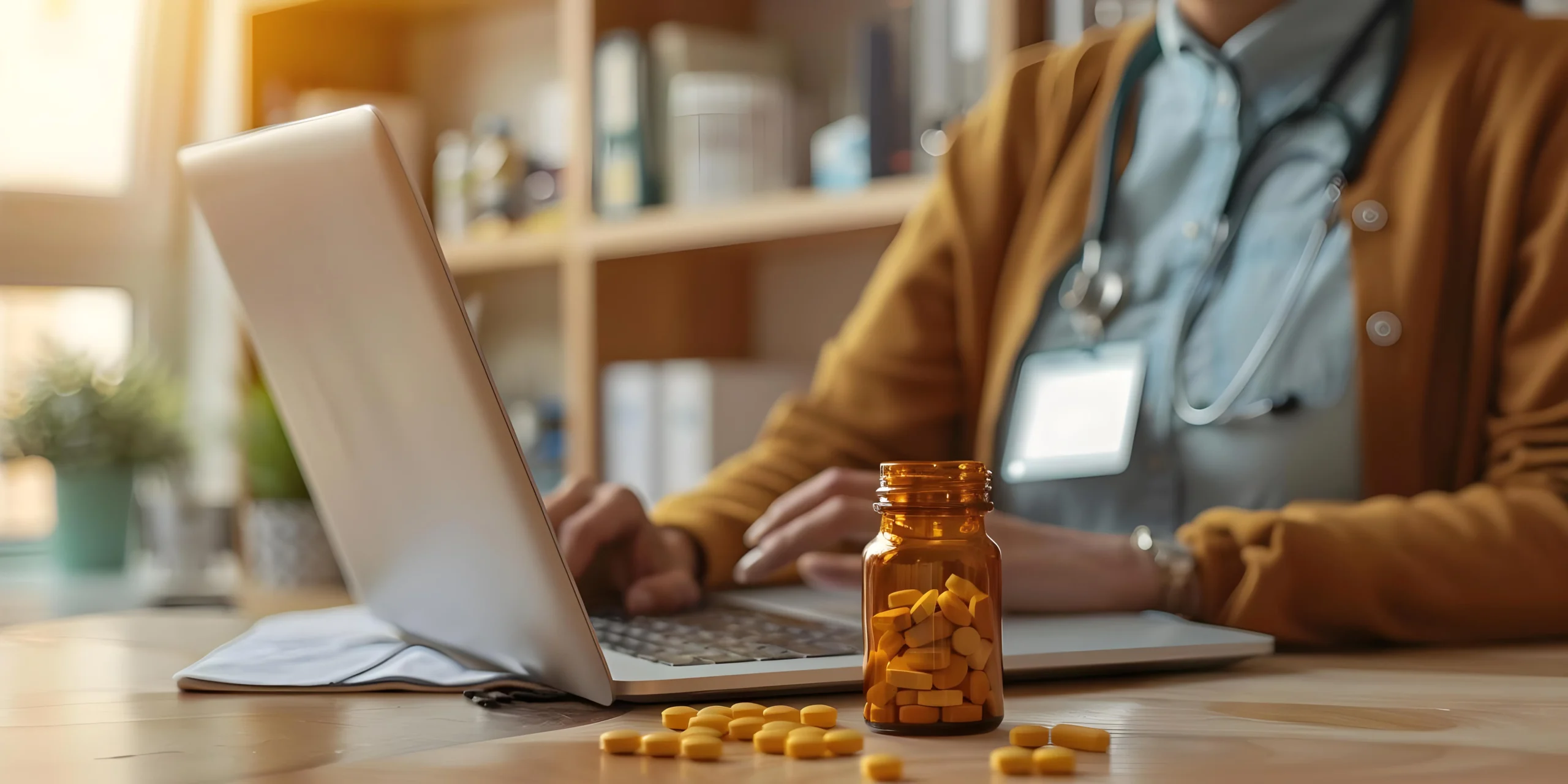 Healthcare worker typing on a laptop behind a bottle of prescription pills at an online PrEP provider clinic.
