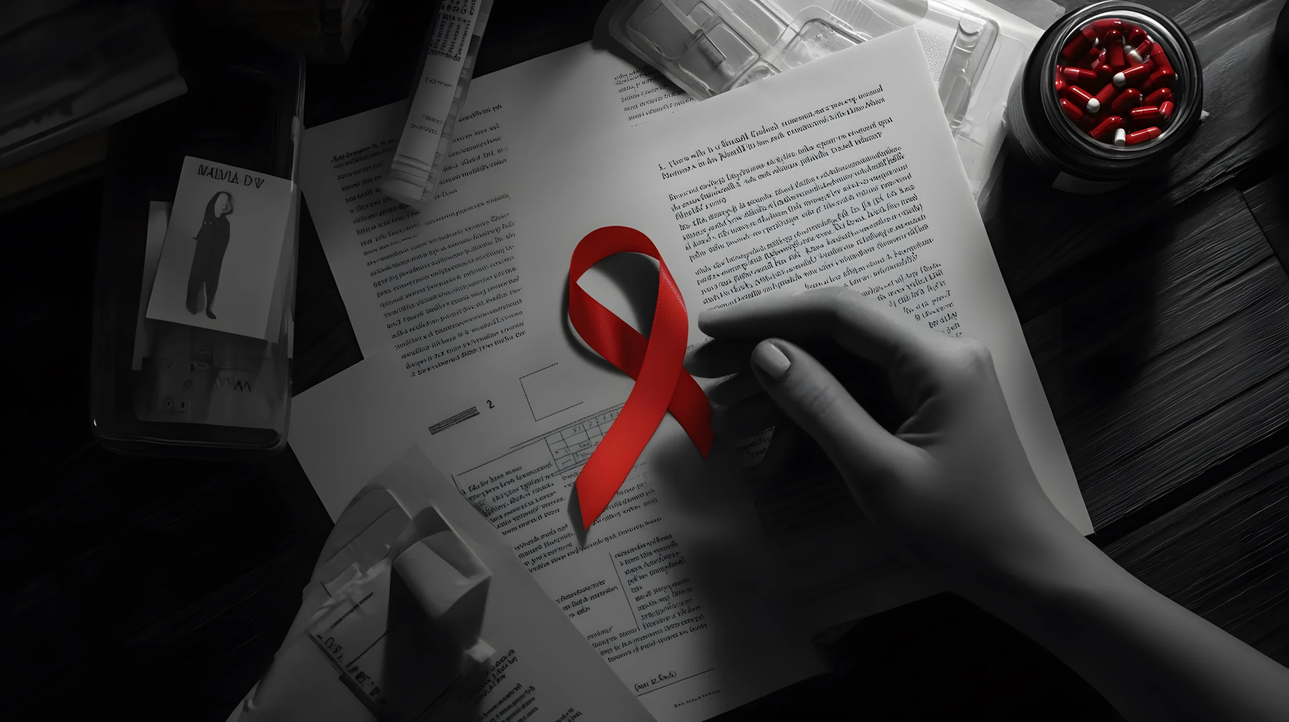 Medical documents and medication beside a red awareness ribbon representing HIV PEP protocol.